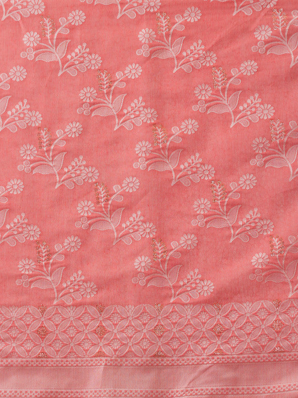 Peach Cotton Woven Zari Floral Saree with Blouse Piece