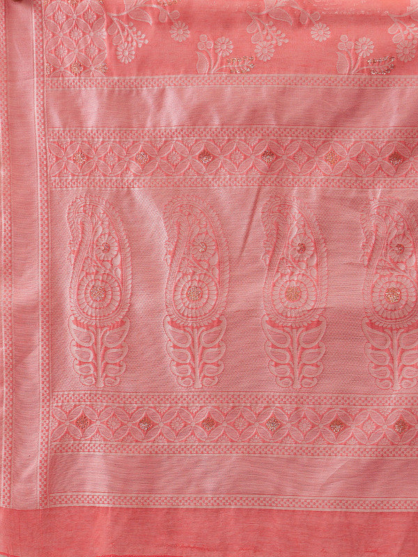 Peach Cotton Woven Zari Floral Saree with Blouse Piece