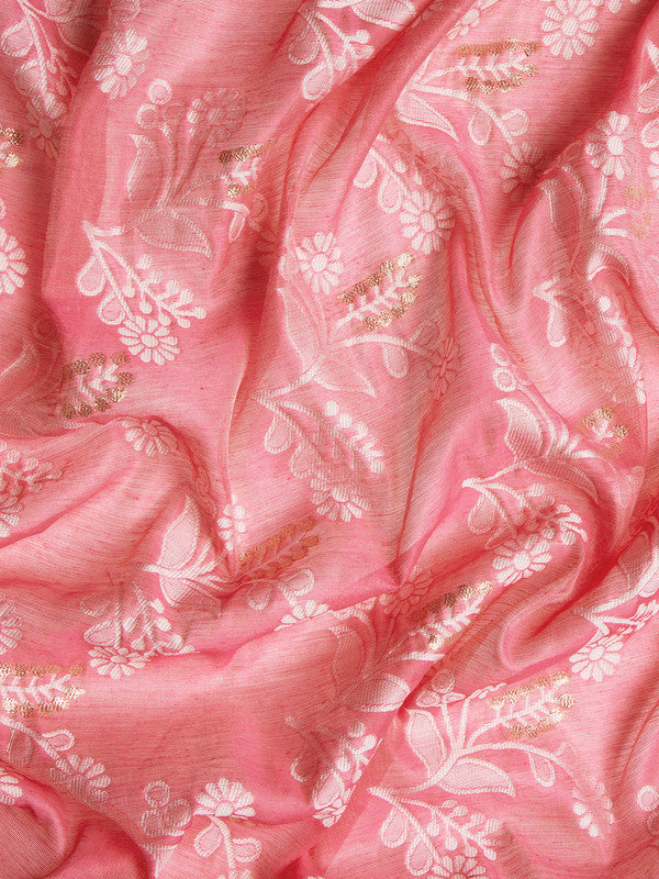 Peach Cotton Woven Zari Floral Saree with Blouse Piece