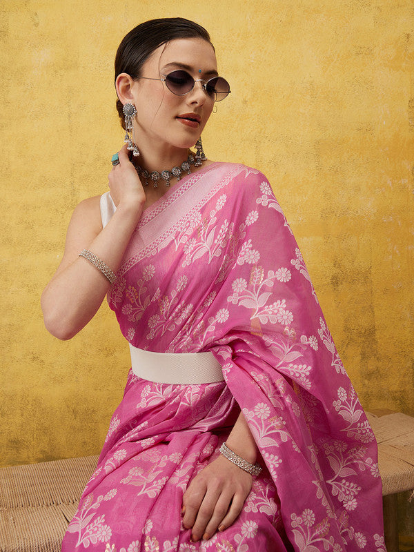 Pink cotton saree with zari woven floral design and matching blouse piece