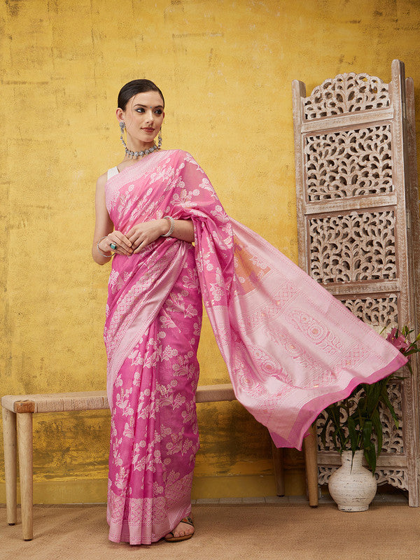 Pink Cotton Woven Zari Design Floral Saree with Blouse Piece