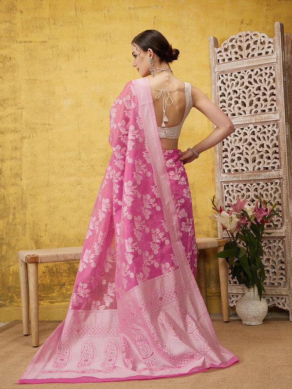 Pink Cotton Woven Zari Design Floral Saree with Blouse Piece