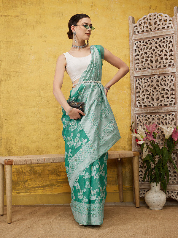 Turquoise cotton saree with floral zari design and unstitched blouse piece