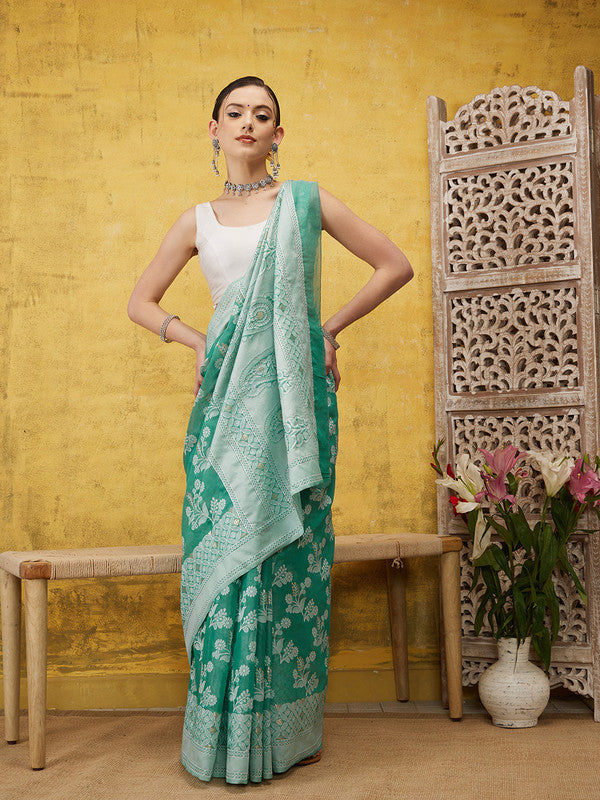 Turquoise Cotton Saree with Zari Floral Design and Blouse Piece
