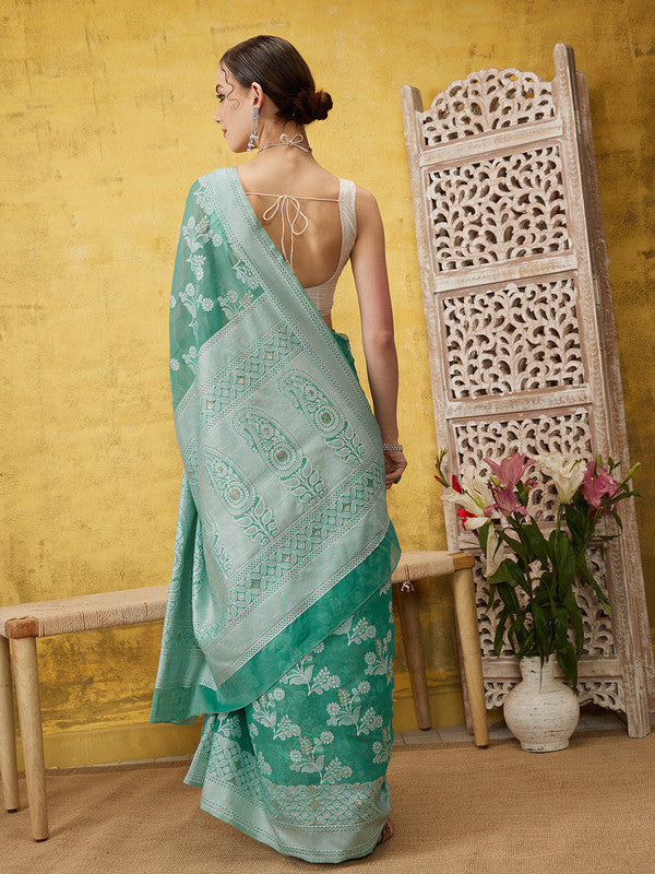 Turquoise Cotton Saree with Zari Floral Design and Blouse Piece