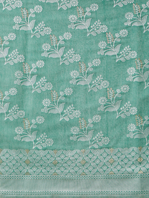 Turquoise Cotton Saree with Zari Floral Design and Blouse Piece
