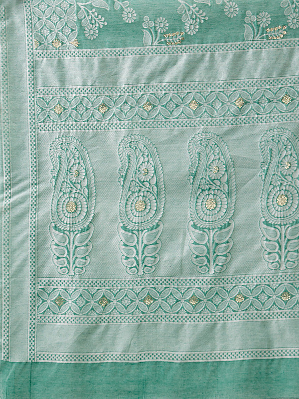 Turquoise Cotton Saree with Zari Floral Design and Blouse Piece