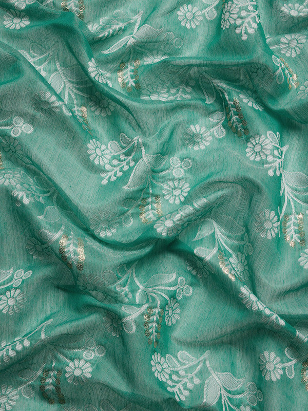 Turquoise Cotton Saree with Zari Floral Design and Blouse Piece