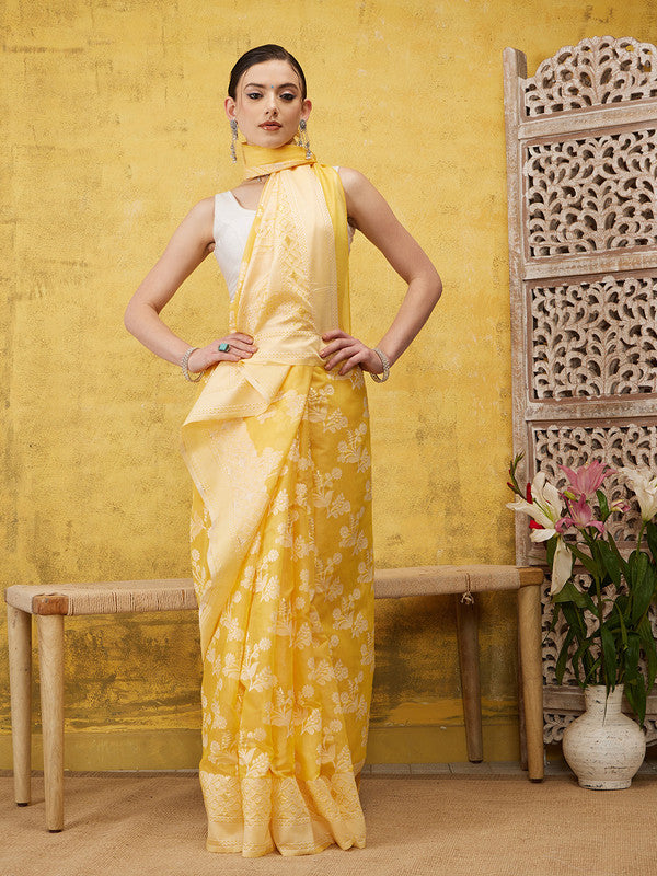 Yellow Cotton Saree with Zari Floral Design and Blouse Piece