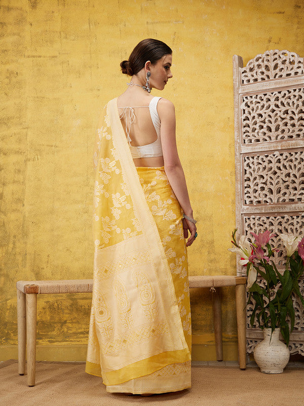 Yellow Cotton Saree with Zari Floral Design and Blouse Piece