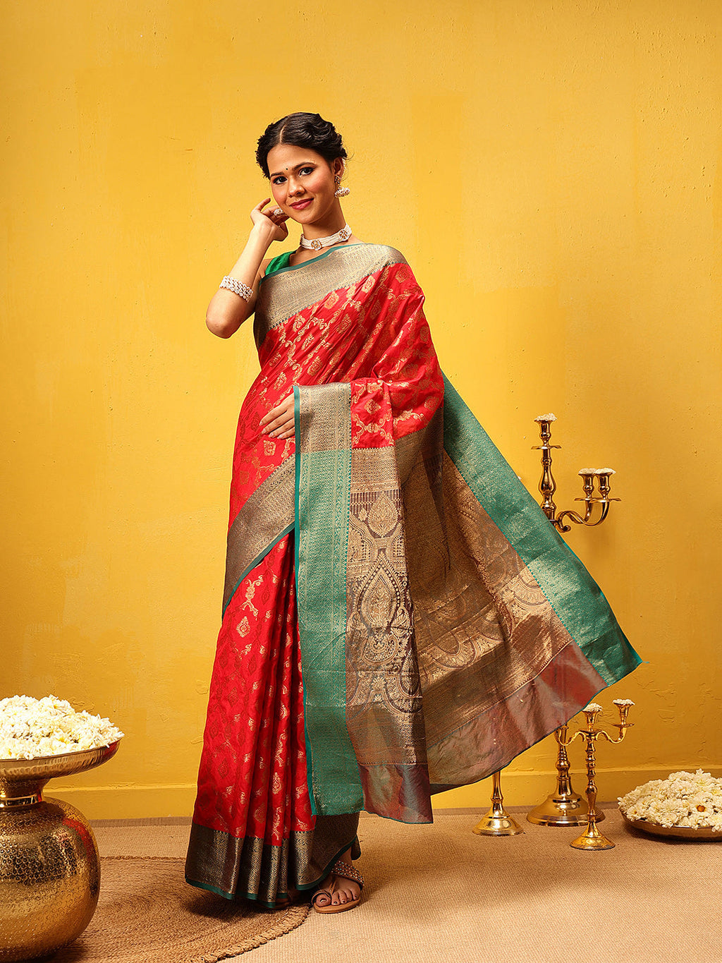 Red Banarasi silk saree with intricate gold woven design