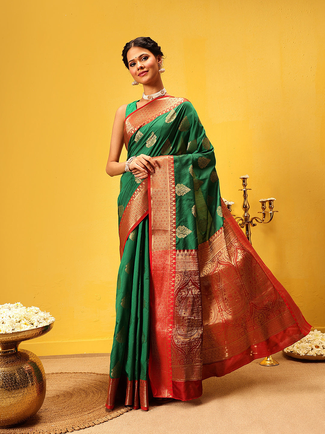 Green Banarasi silk saree with traditional woven craftsmanship