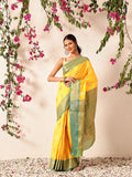 Yellow Banarasi Silk Saree with intricate traditional woven motifs