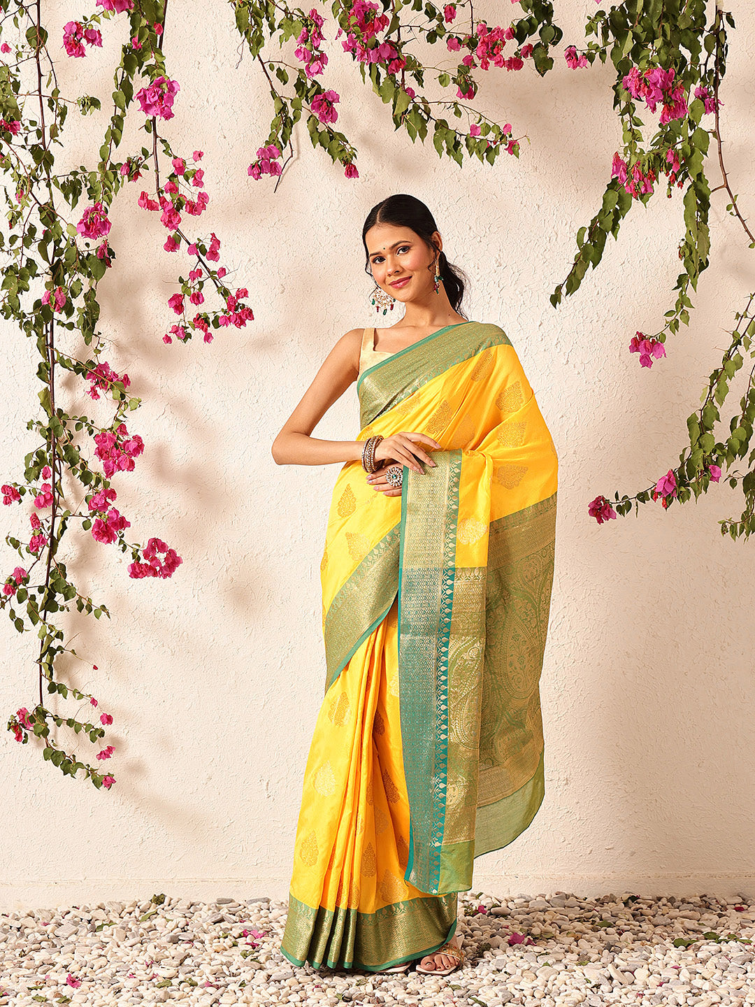 Yellow Banarasi Silk Saree with intricate traditional woven motifs