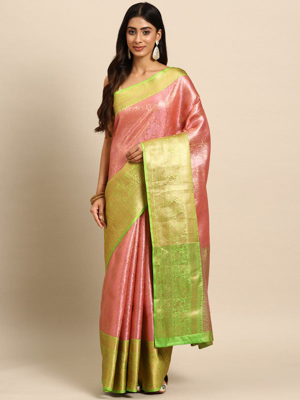 Pink tissue silk saree with intricate zari floral work and unstitched blouse piece