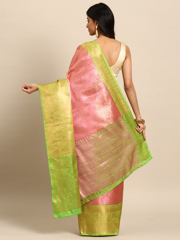 Pink Tissue Silk Floral Saree with Zari Design and Blouse Piece