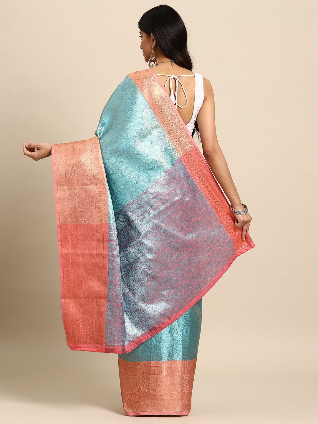 Turquoise Tissue Silk Floral Zari Woven Saree with Unstitched Blouse