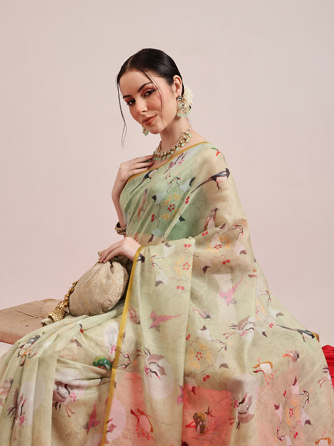 Olive Animal Print Digital Printed Saree in Cotton Blend Fabric