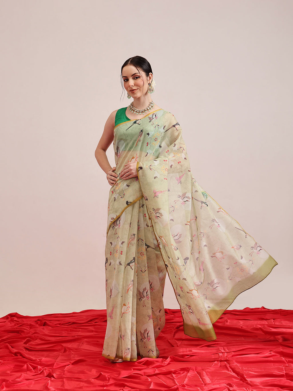 Olive color cotton blend saree featuring modern animal digital prints