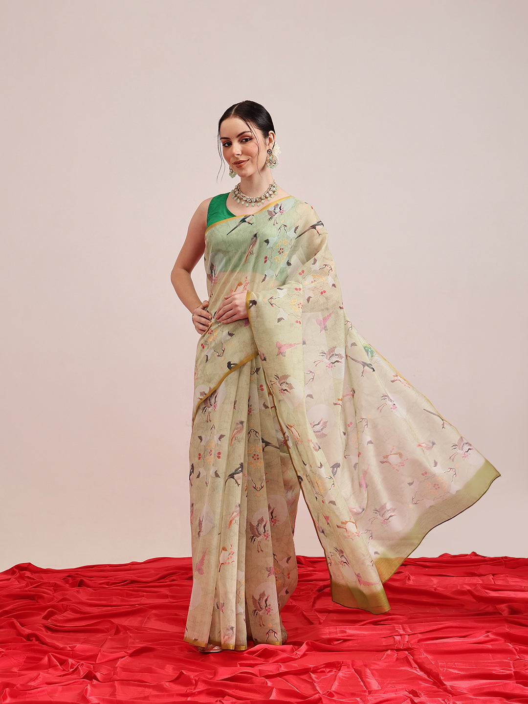 Olive color cotton blend saree featuring modern animal digital prints