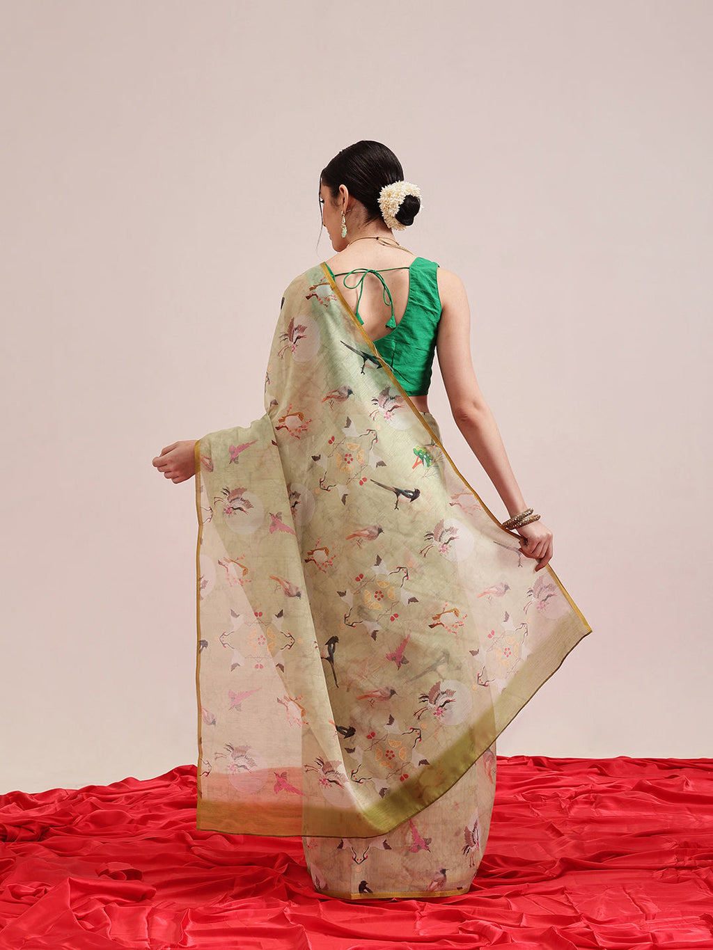 Olive Animal Print Digital Printed Saree in Cotton Blend Fabric