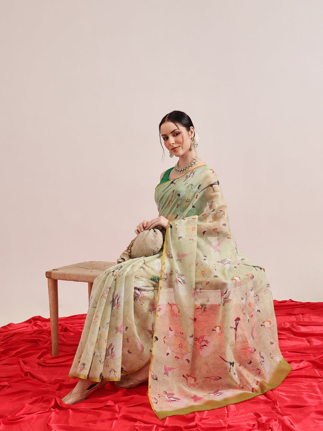 Olive Animal Print Digital Printed Saree in Cotton Blend Fabric