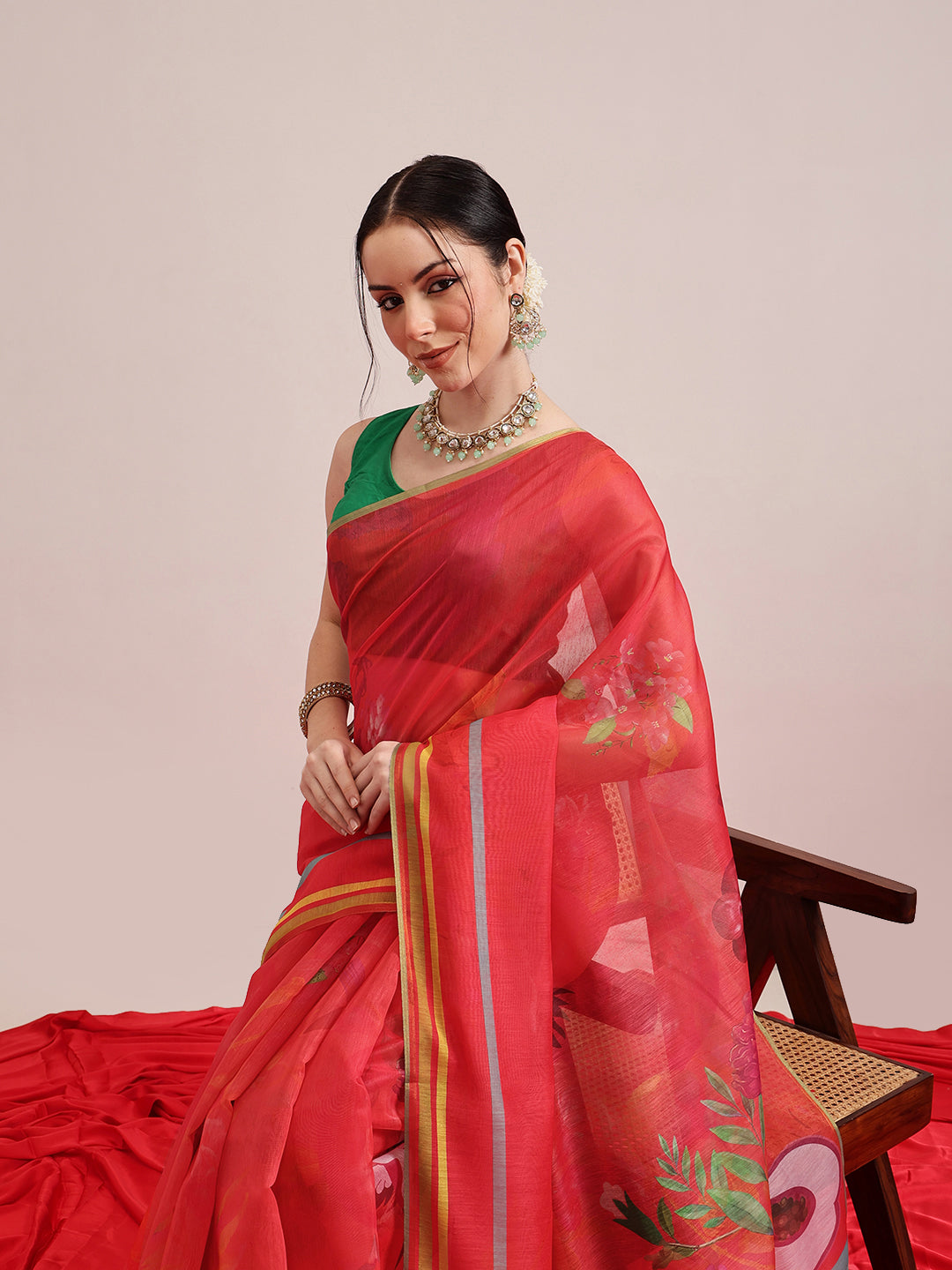 Red Fruits Digital Printed Chanderi Cotton Blend Saree