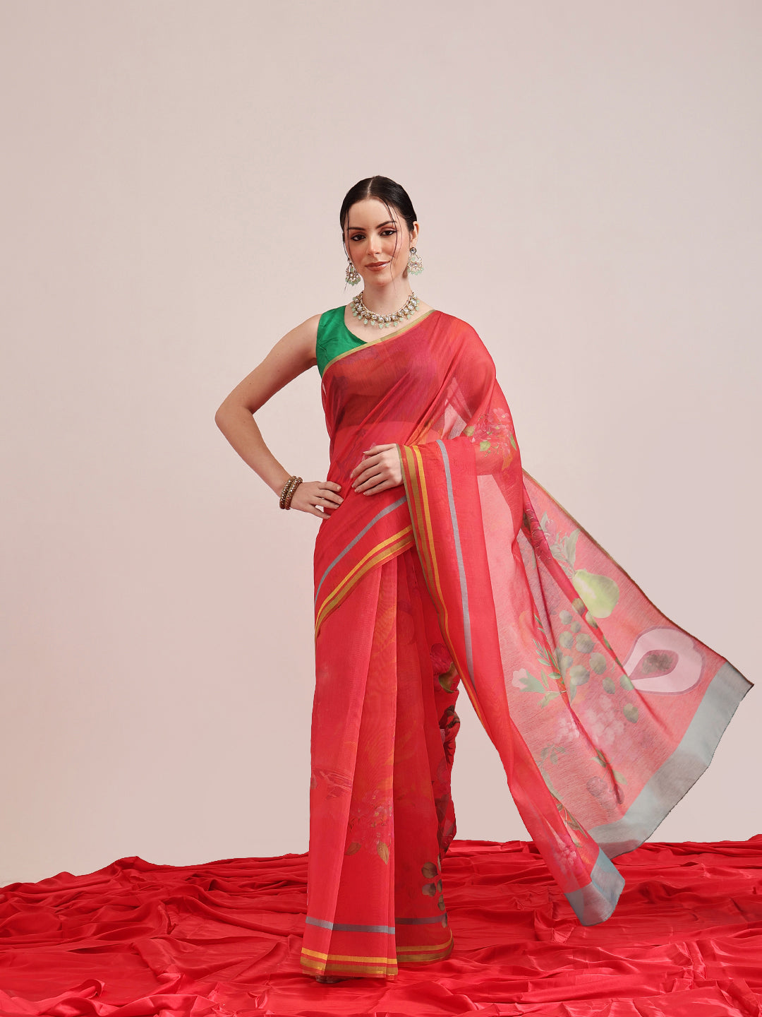 Red Fruits Digital Printed Chanderi Cotton Blend Saree