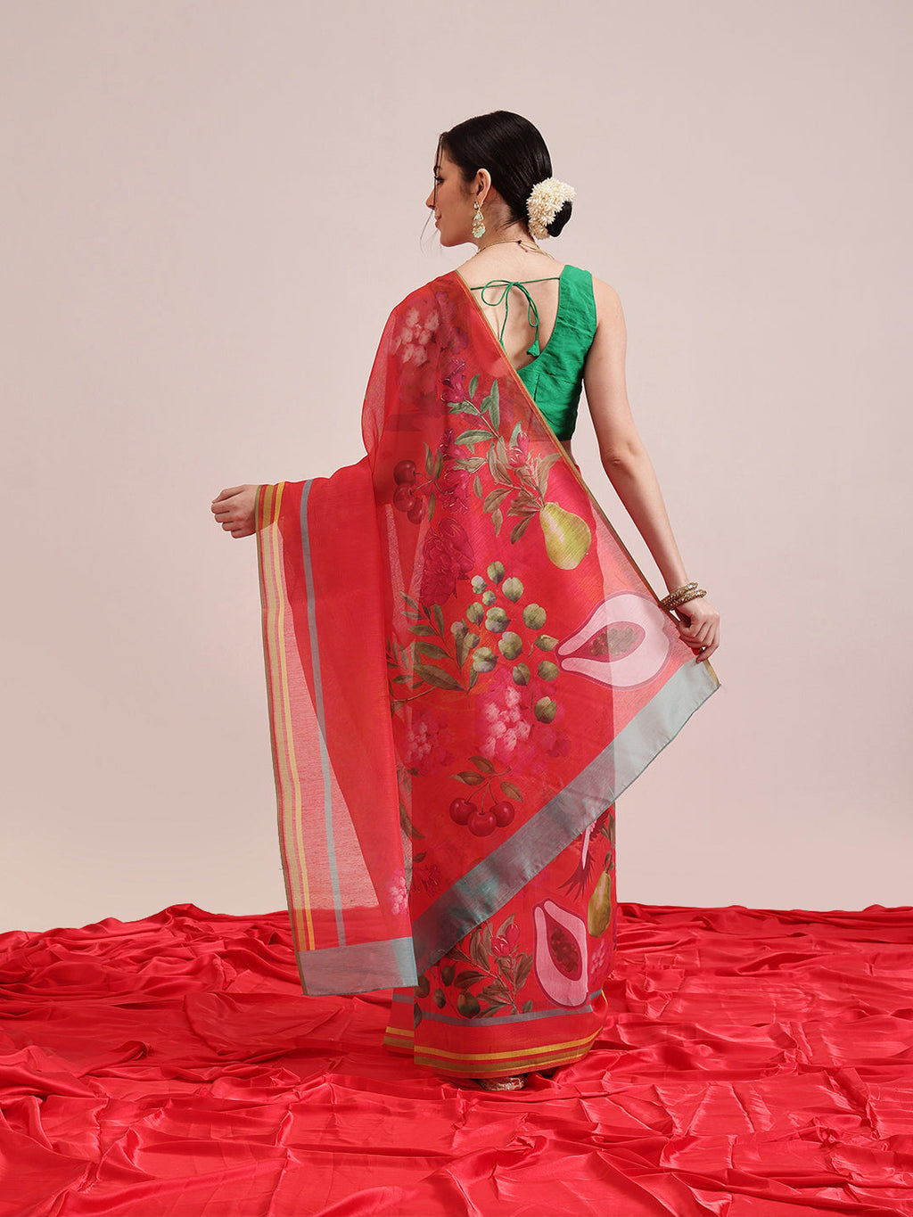 Red Fruits Digital Printed Chanderi Cotton Blend Saree