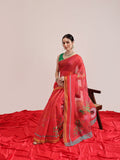 Red Chanderi Cotton Blend saree with artistic fruit digital prints