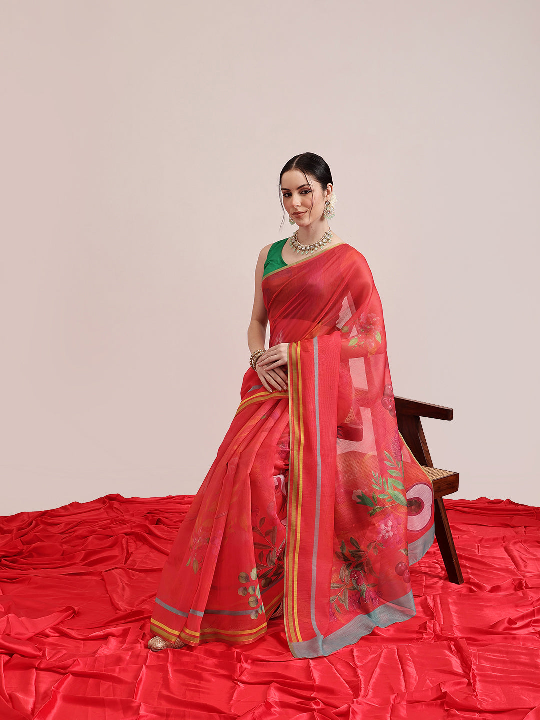 Red Chanderi Cotton Blend saree with artistic fruit digital prints
