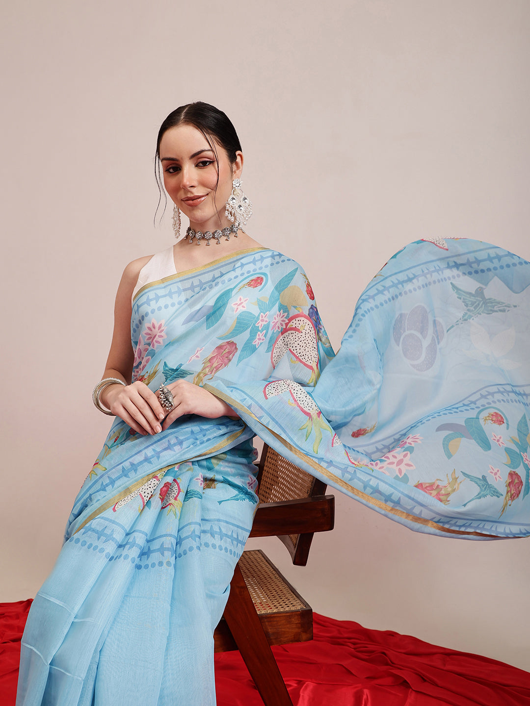 Blue Fruits Digital Printed Chanderi Cotton Blend Saree