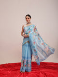 Blue Chanderi Cotton Blend saree with whimsical fruit digital prints