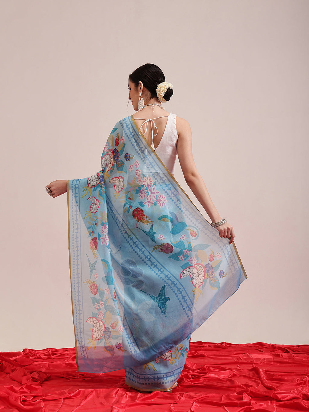 Blue Fruits Digital Printed Chanderi Cotton Blend Saree