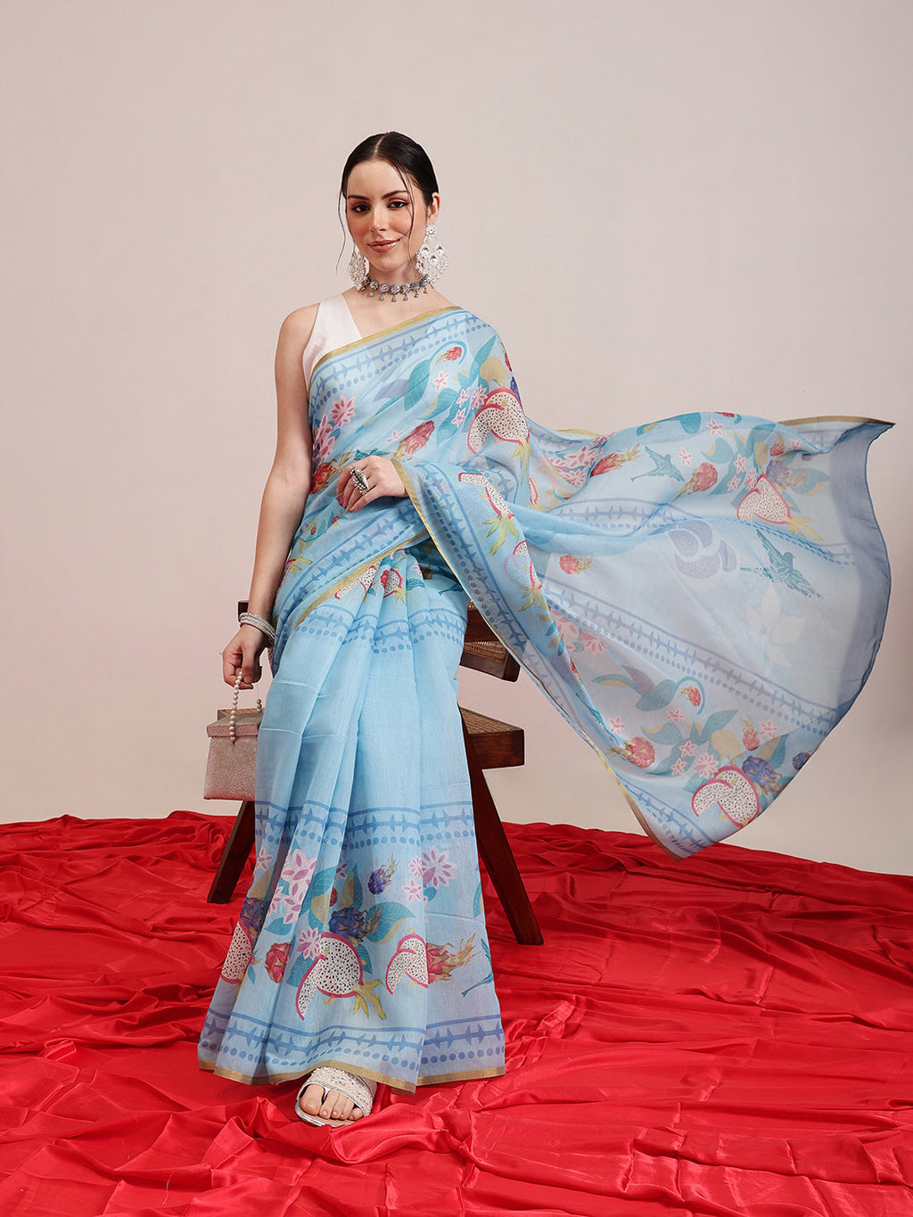 Blue Fruits Digital Printed Chanderi Cotton Blend Saree