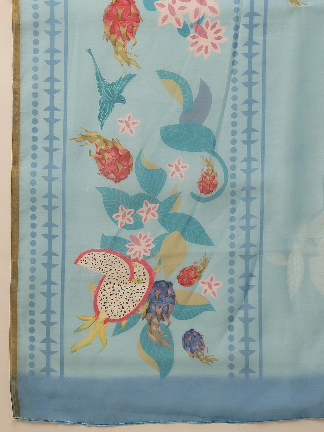Blue Fruits Digital Printed Chanderi Cotton Blend Saree