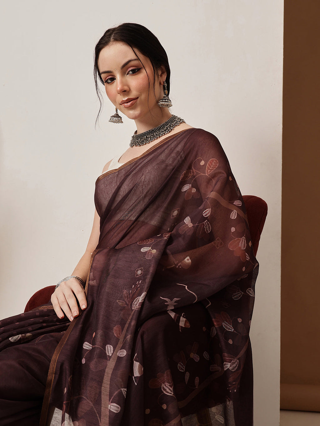 Brown Floral Digital Printed Chanderi Cotton Blend Saree