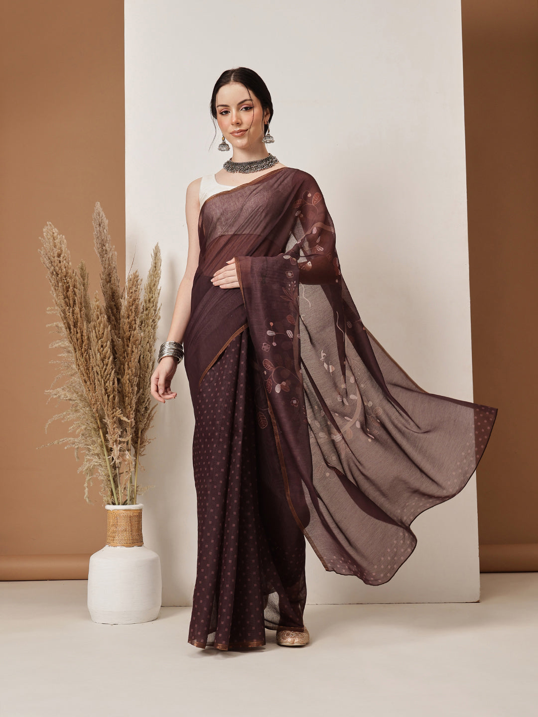Brown Chanderi Cotton Blend saree with elegant floral digital prints