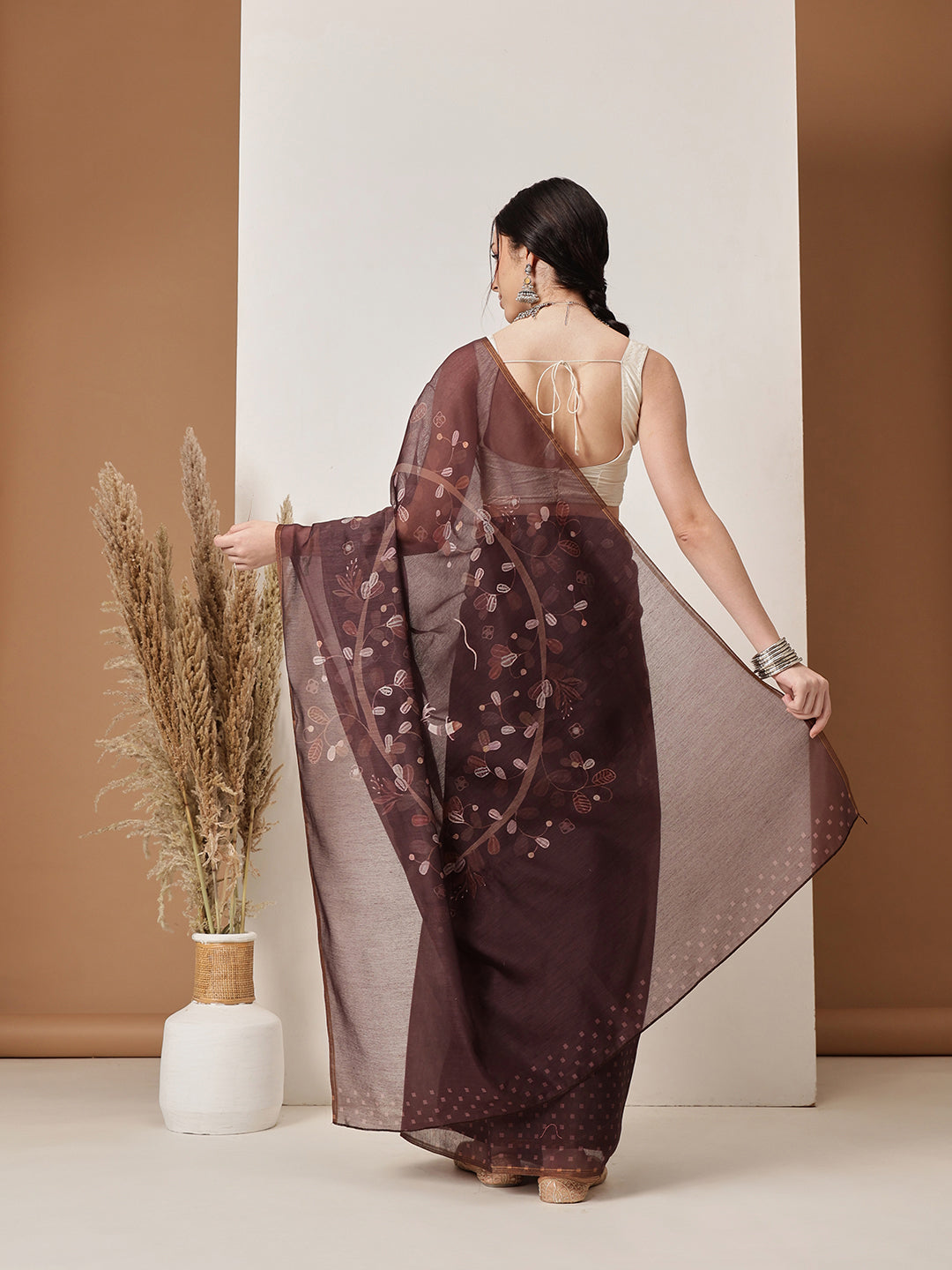 Brown Floral Digital Printed Chanderi Cotton Blend Saree