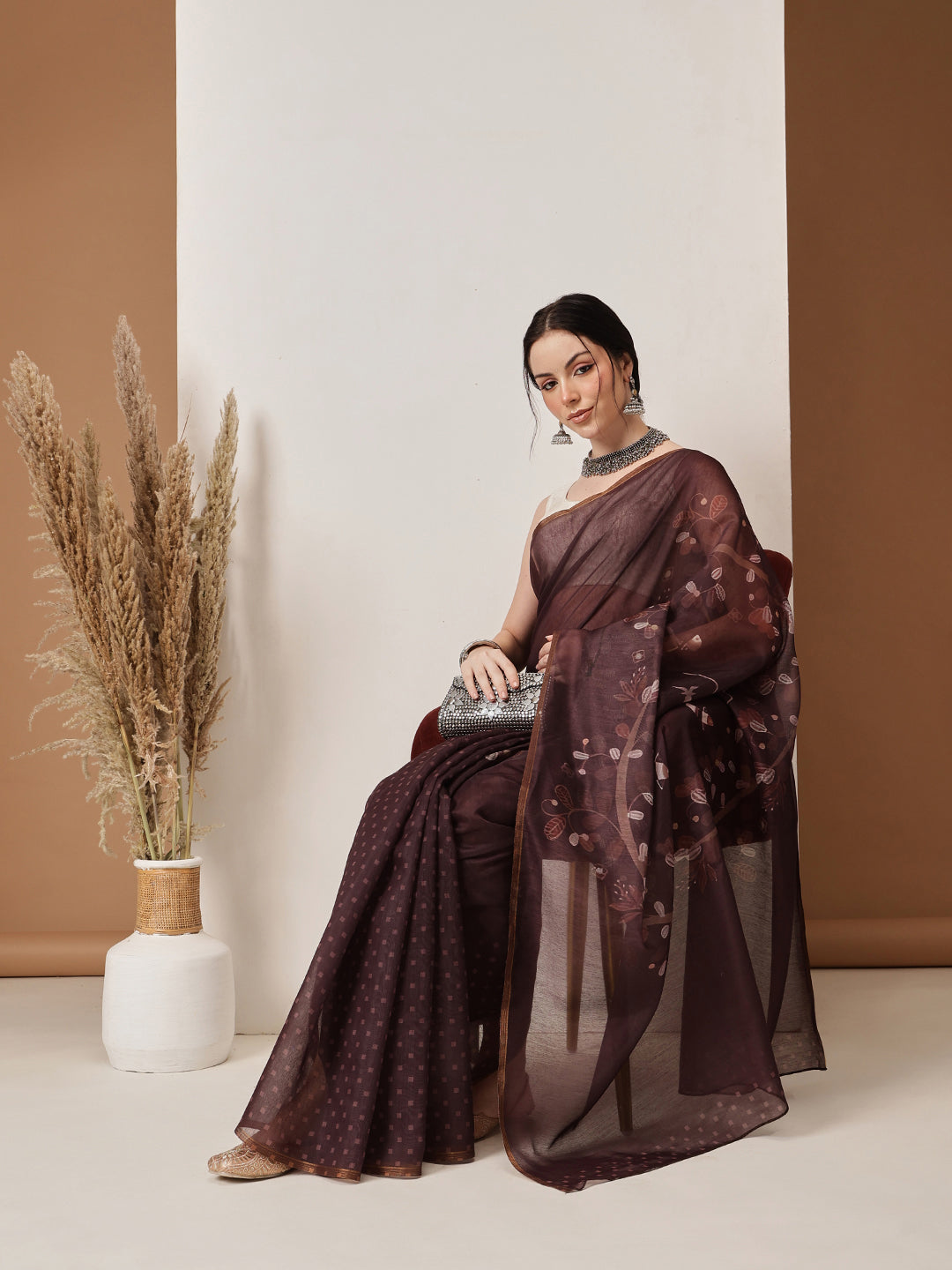 Brown Floral Digital Printed Chanderi Cotton Blend Saree