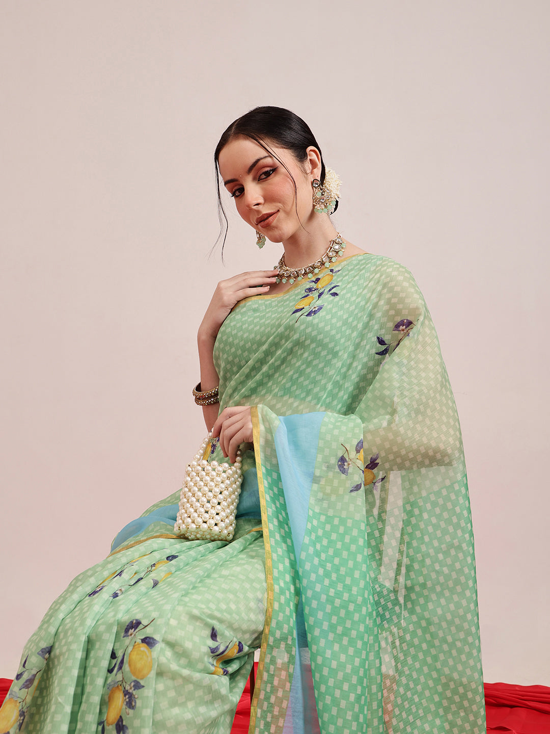 Green Chanderi Cotton Blend Saree with Animal Print