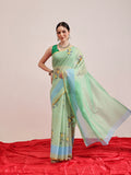 Green Chanderi cotton blend saree with modern animal print design