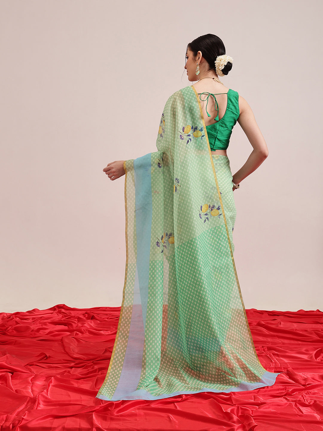 Green Chanderi Cotton Blend Saree with Animal Print