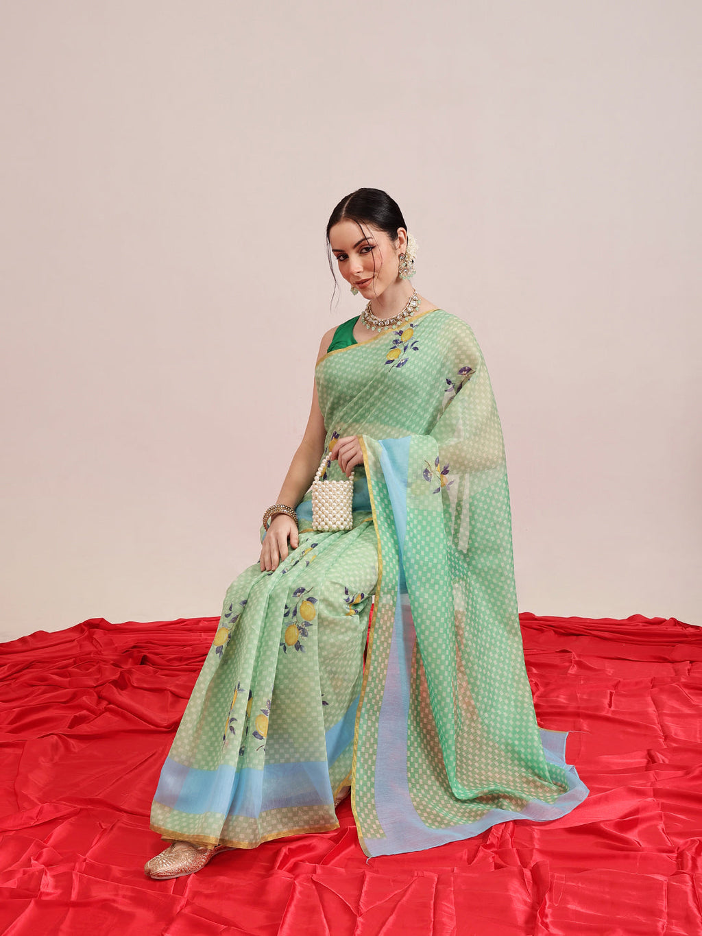 Green Chanderi Cotton Blend Saree with Animal Print