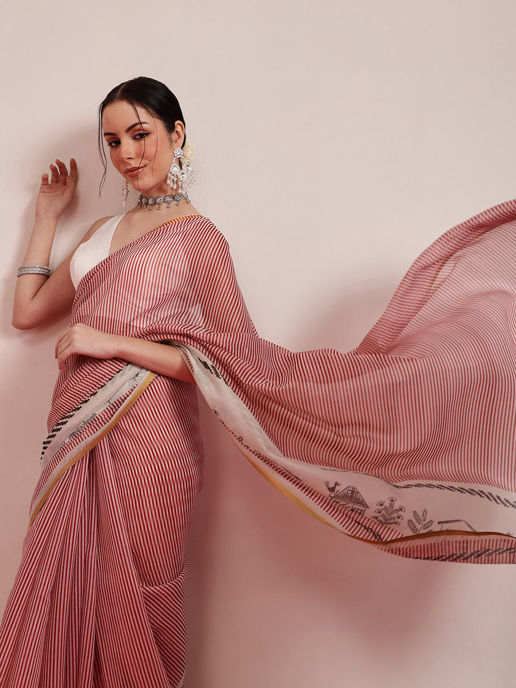 Maroon Chanderi Cotton Blend Striped Digital Print Saree