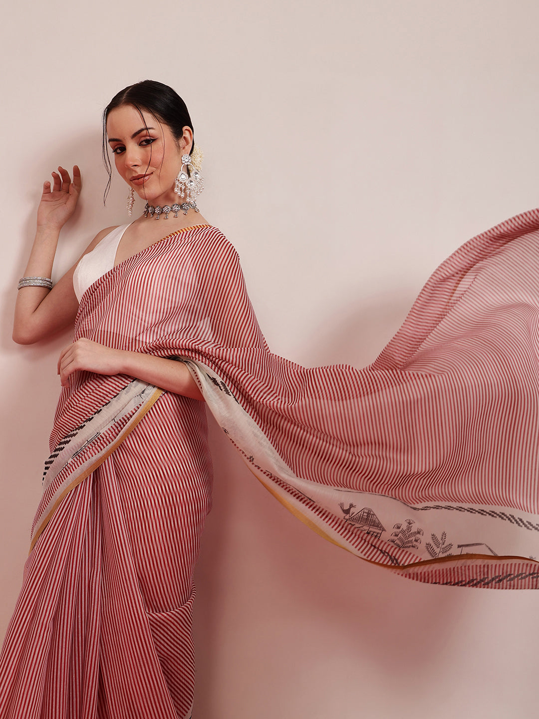 Maroon Chanderi Cotton Blend Striped Digital Print Saree