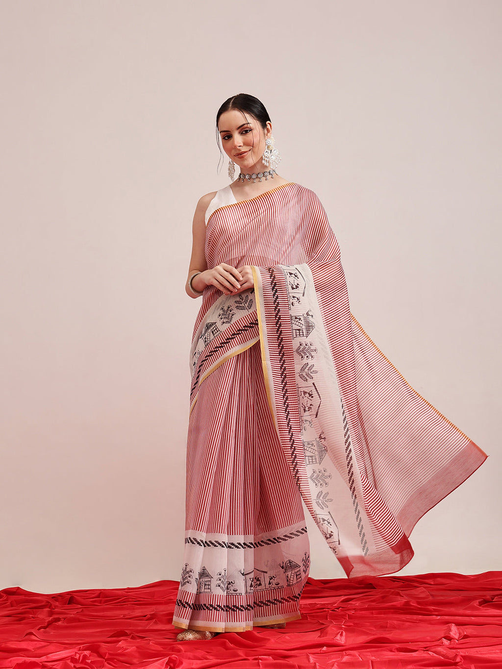 Maroon Chanderi cotton blend saree with modern vertical stripes and digital print
