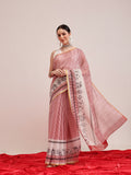 Maroon Chanderi cotton blend saree with modern vertical stripes and digital print