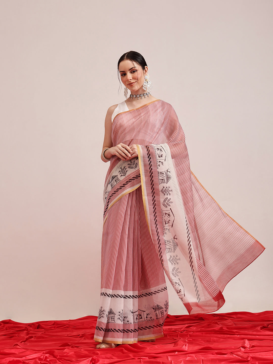 Maroon Chanderi cotton blend saree with modern vertical stripes and digital print