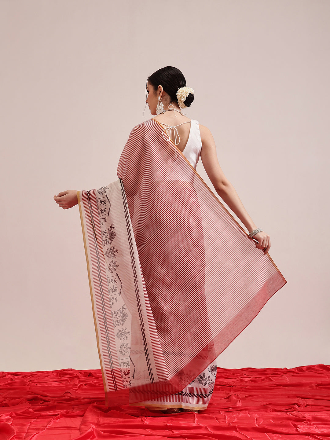 Maroon Chanderi Cotton Blend Striped Digital Print Saree